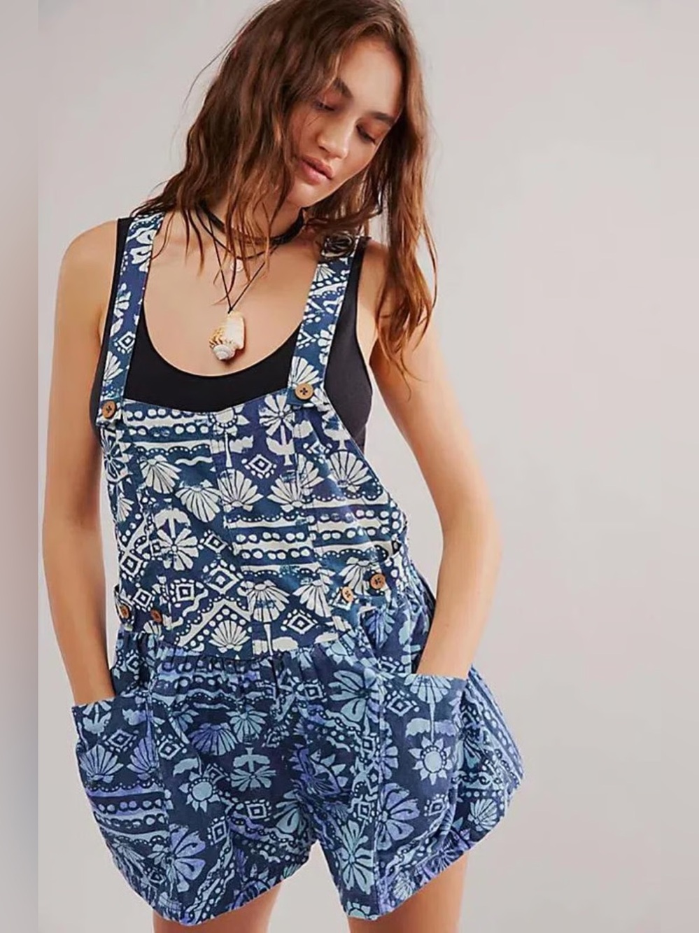 Free People Blue Palm Pay Printed Shortalls